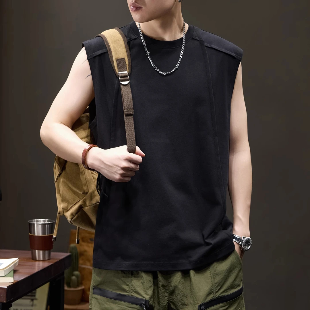 设计感拼接无袖背心T恤男夏季宽松潮牌280G重磅休闲纯色运动坎肩T