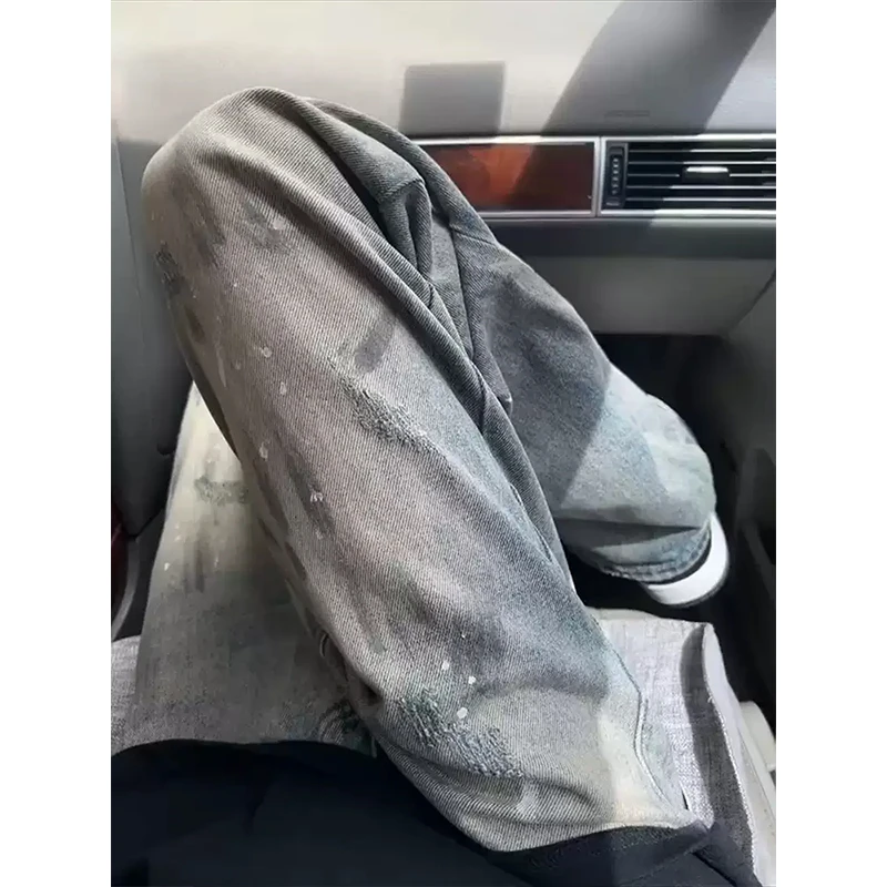 泼墨扎染牛仔裤男美式高街设计感裤子直筒宽松vintage弯刀微喇裤