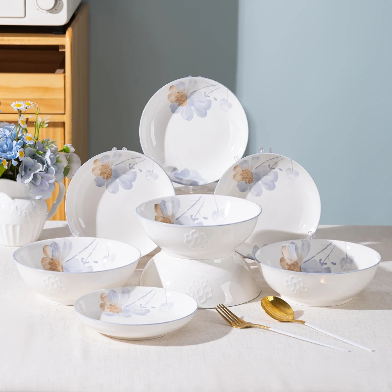 【M】8件套凝香7英寸面碗4只＋6.25盘四只简约釉下彩欧式陶瓷餐具