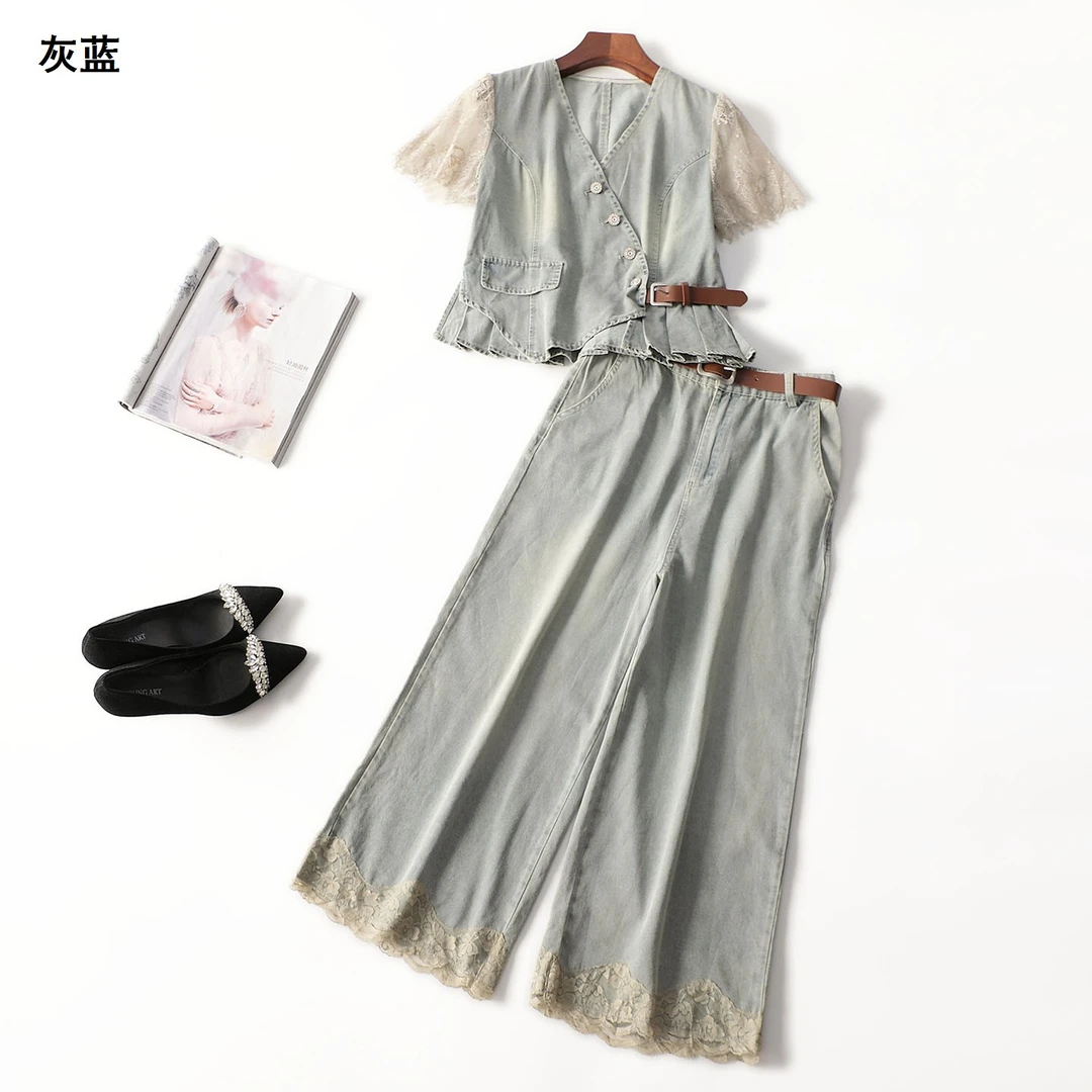 246228夏九分短袖单排扣衬衣裤子套装
