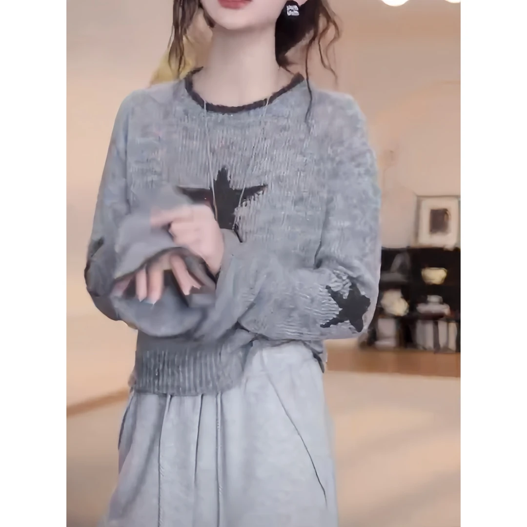 2025早秋新款韩版提花五角星针织衫女简约百搭显瘦微喇袖口毛衣潮