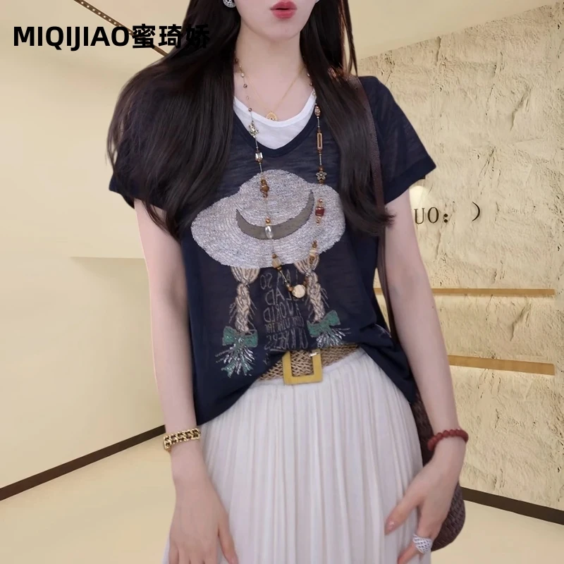夏季薄款透气短袖T恤假两件夏季新款女士小衫宽松印花圆领上衣