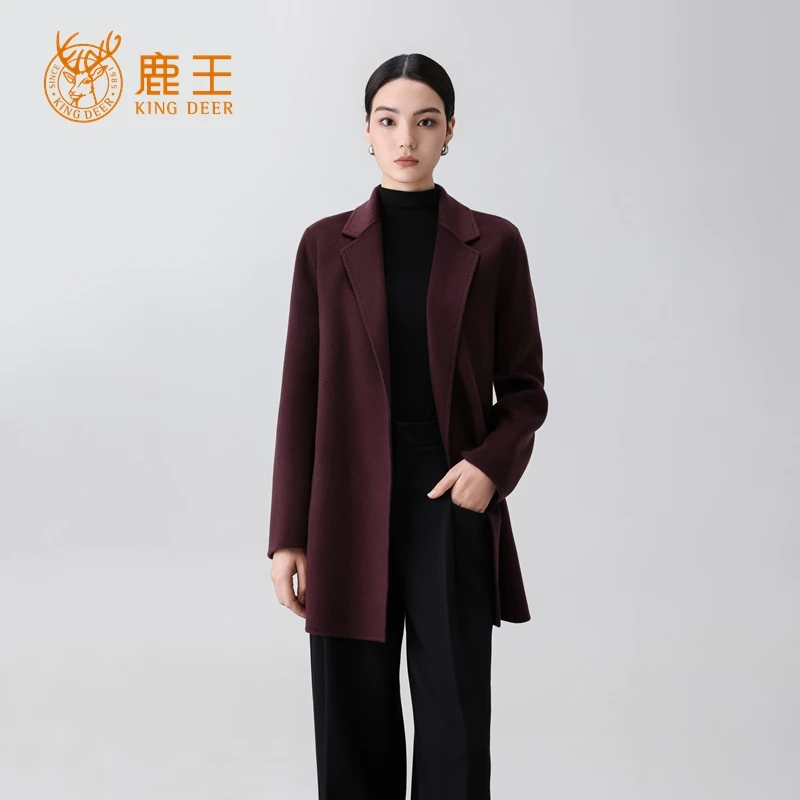 【小山羊绒系列】鹿王女翻领100山羊绒秋冬系带中长款大衣 CY188