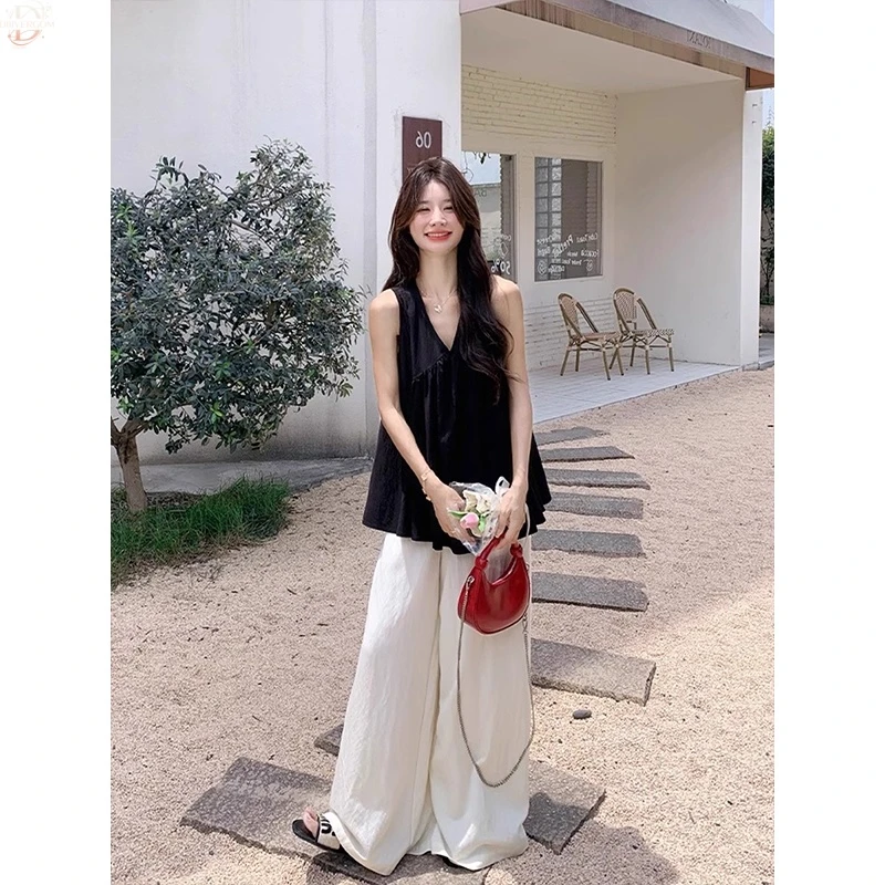 夏季法式高级感气质黑色显瘦v领无袖衬衫女装慵懒风宽松衬衣上衣