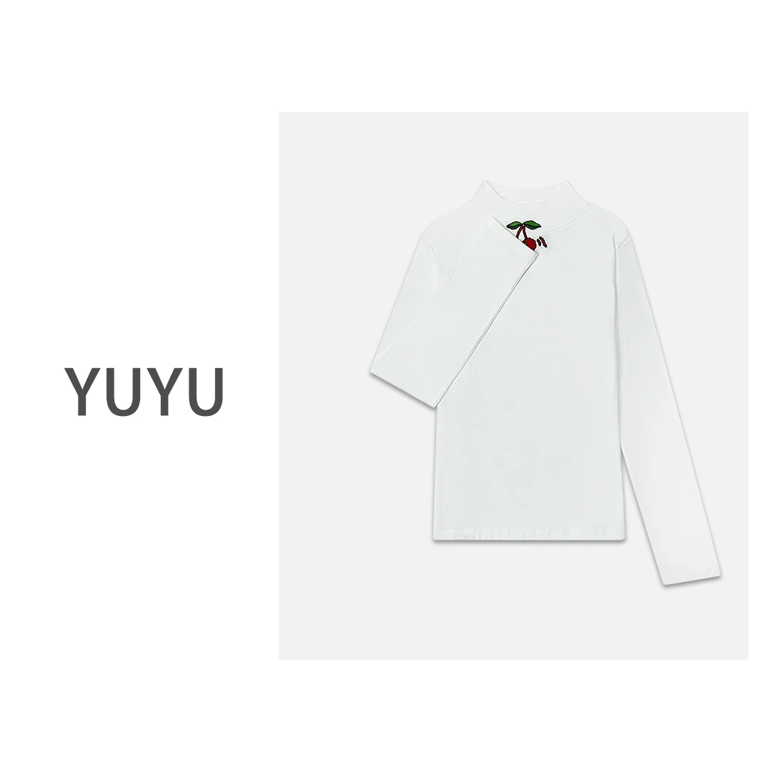 【樱桃星球】设计感樱桃刺绣百搭修身撞色休闲圆领打底衫.HT781