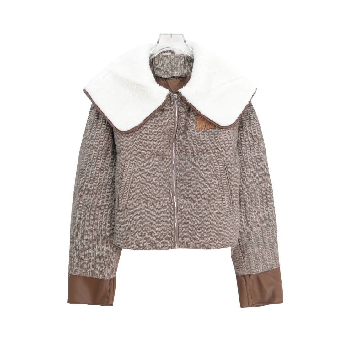 S拼接大翻领美式复古辣妹风短款羽绒服U111