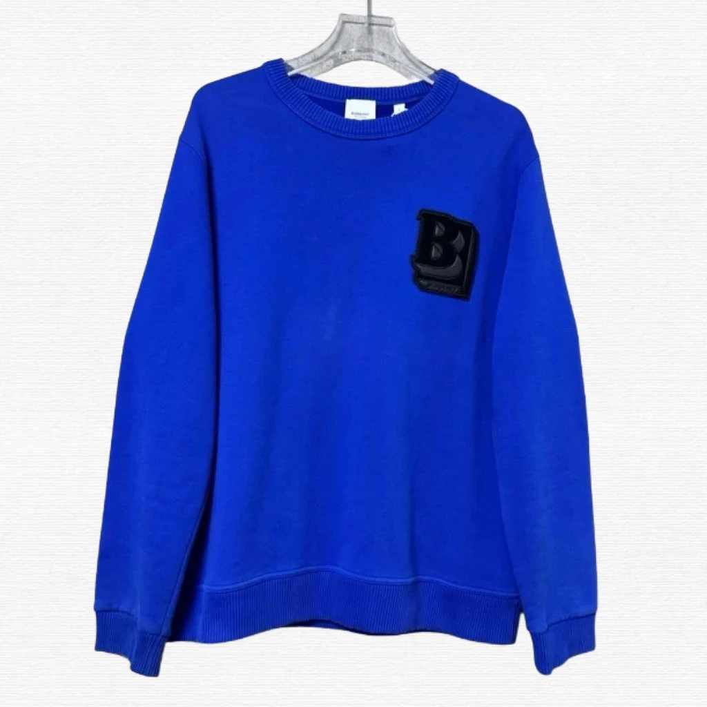 99新 BURBERRY/博柏利 蓝色刺绣植绒logo圆领卫衣/L码/70907