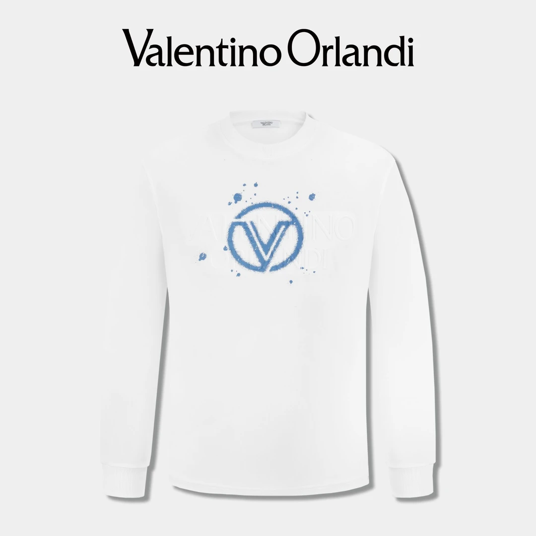 Valentino orlandi男士秋冬B版时尚百搭立体钢印印花圆领长袖T恤