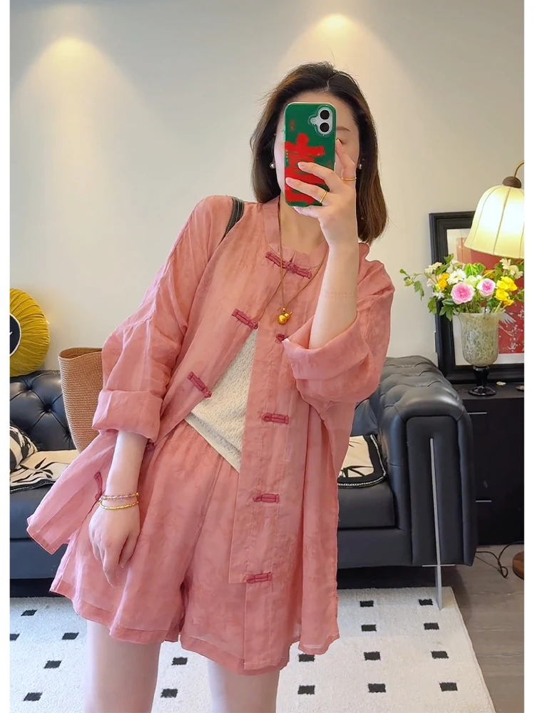 新中式国风女装2025新款清冷松弛感穿搭粉色百搭短裤两件套装夏季