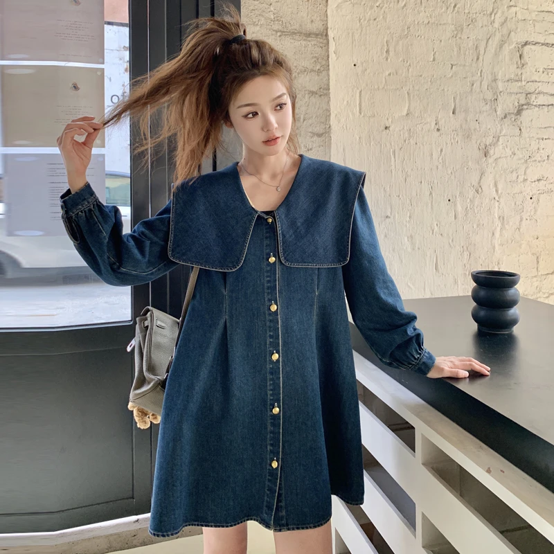 娃娃领牛仔长袖连衣裙女2025春夏韩系设计感小众时尚收腰显瘦裙子