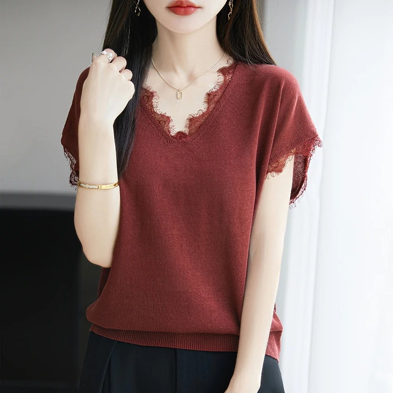 品牌2025夏季花边欧若风蕾丝拼接针织衫女短袖宽松显瘦上衣显瘦女