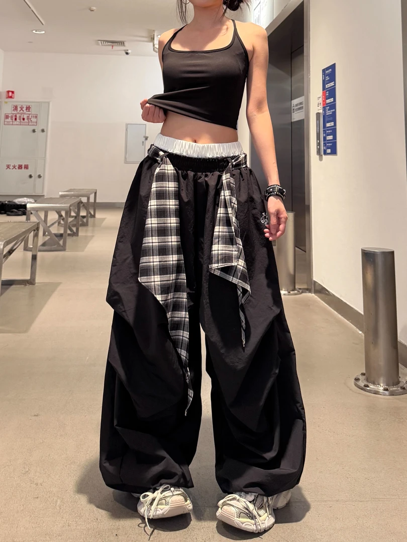 2025新款格子腰搭叠穿阔腿休闲裤女爵士舞弯刀裤设计感美式复古