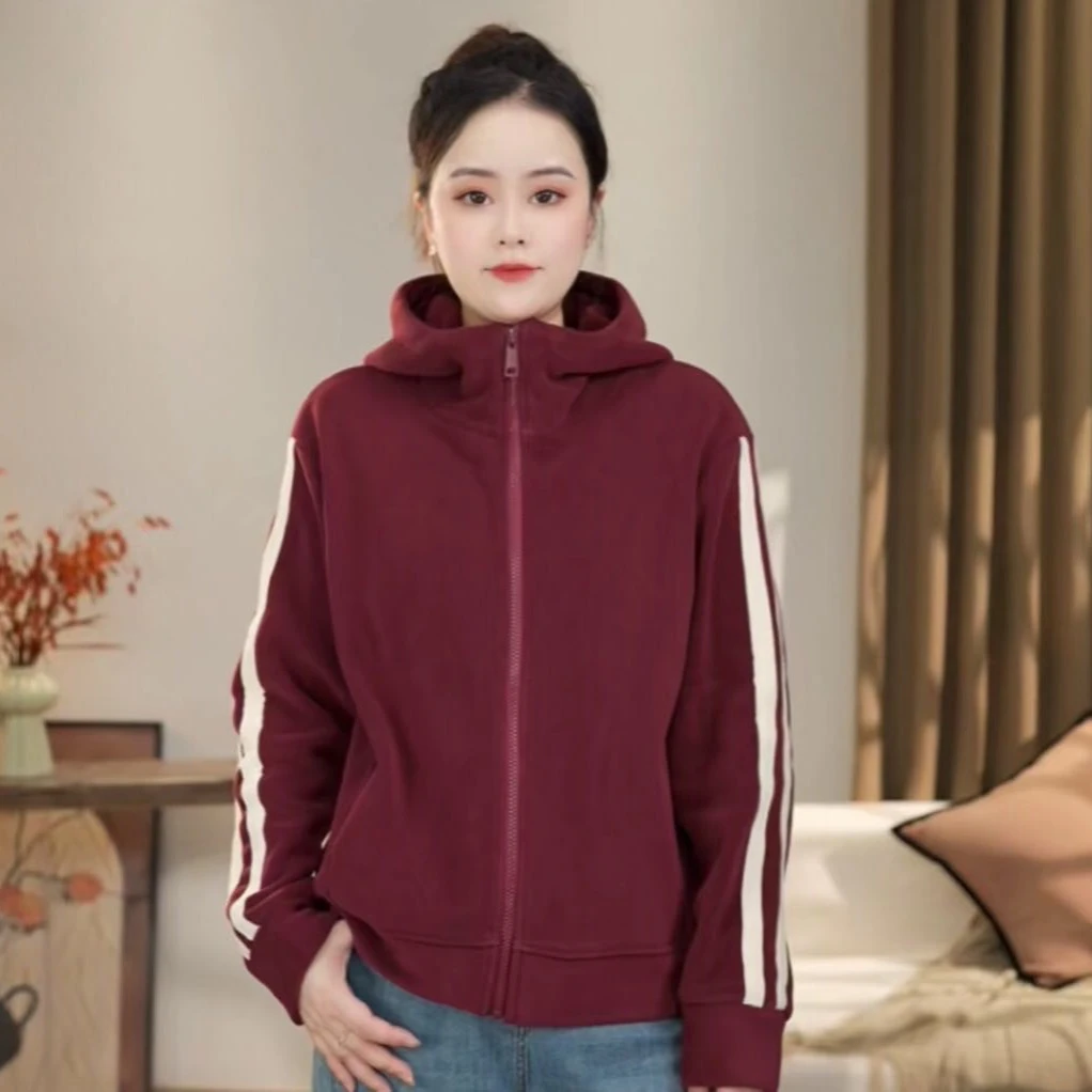 运动条连帽双面绒女士休闲保暖外套