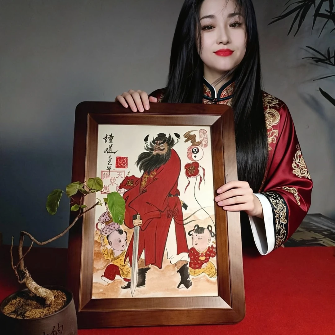 钟馗护子图朱砂画像装饰挂画两个男孩一个女孩28cmx36cm经典摆件