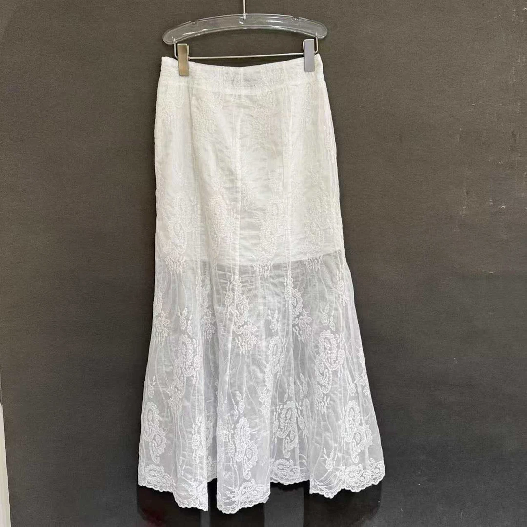 大码胖mm夏季新款高腰包臀设计蕾丝刺绣拼接透视感鱼尾半身裙子女