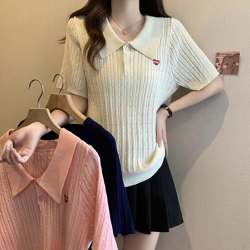 3067大码女装2025夏装新款胖mm时尚刺绣针织衫女短袖T恤宽松上衣