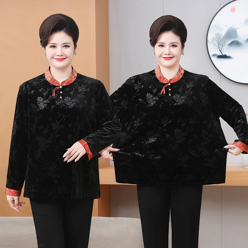 抗皱宽松型常规款休闲风大码女装T恤复古中式中国风上衣中老年装