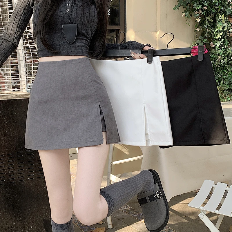 现货春灰色开叉半身裙女高腰包臀裙显瘦a字裙一步裙西装短裙
