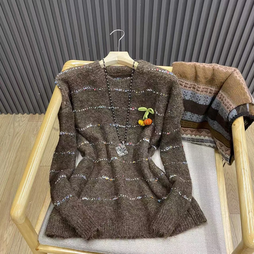 秋季圆领条纹长袖针织衫宽松落肩慵懒风羊毛混纺别致毛衣女Z839