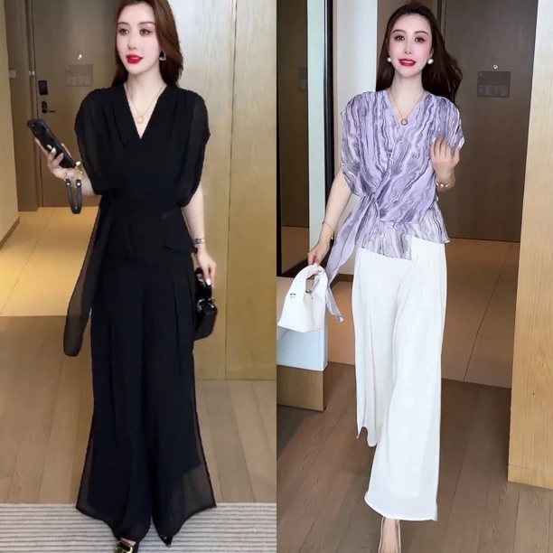 时尚套装夏季洋气气质垂感显瘦高腰法式收腰短袖直筒裤两件套