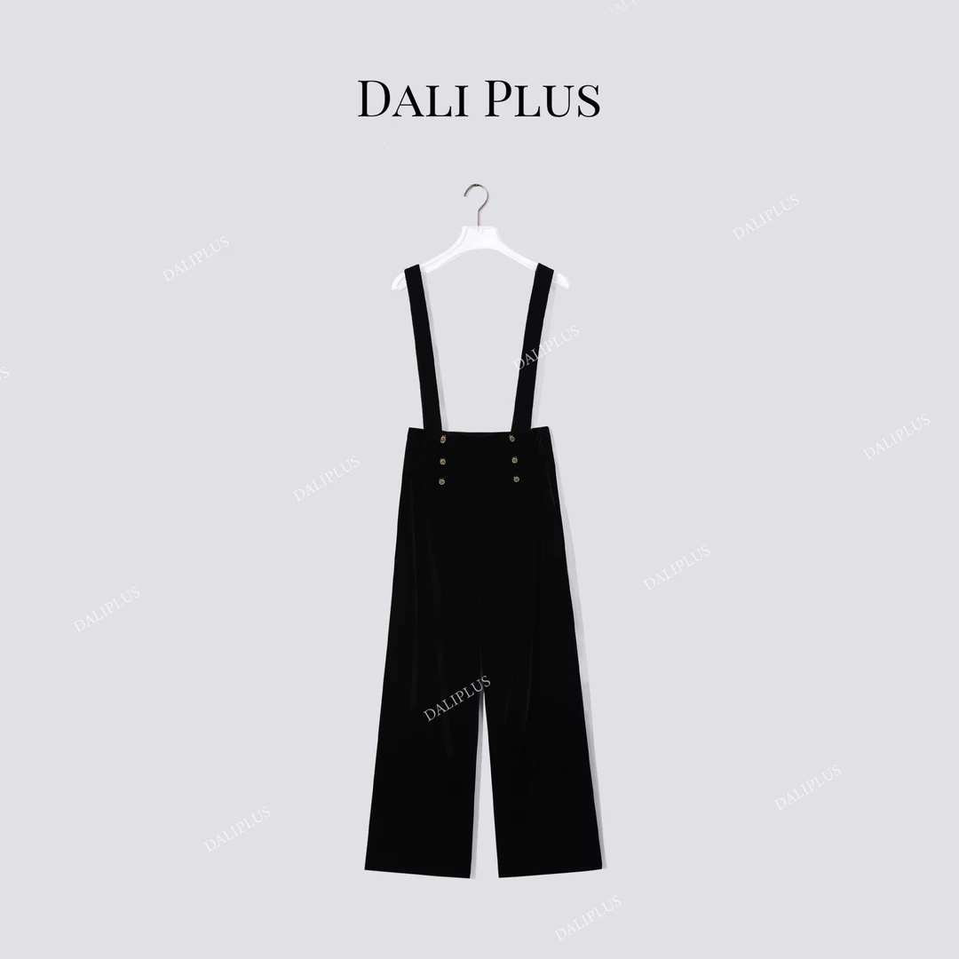 DALI PLUS极高黑丝绒金扣双排扣背带裤-D5MM2997