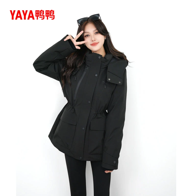 YAYA/鸭鸭工装厚羽绒服女中长款2025冬新款户外防风收腰显瘦外套