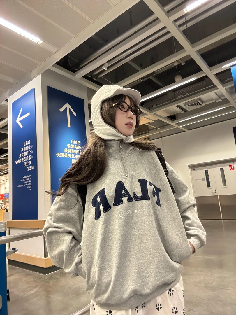 美式复古小众刺绣字母半拉链立领卫衣女春秋宽松百搭翻领上衣外套