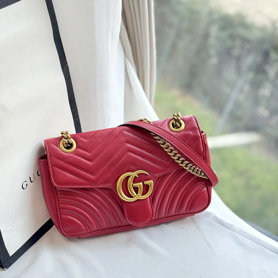 95新 GUCCI/古驰 红金 Marmont 26 链条单肩包
