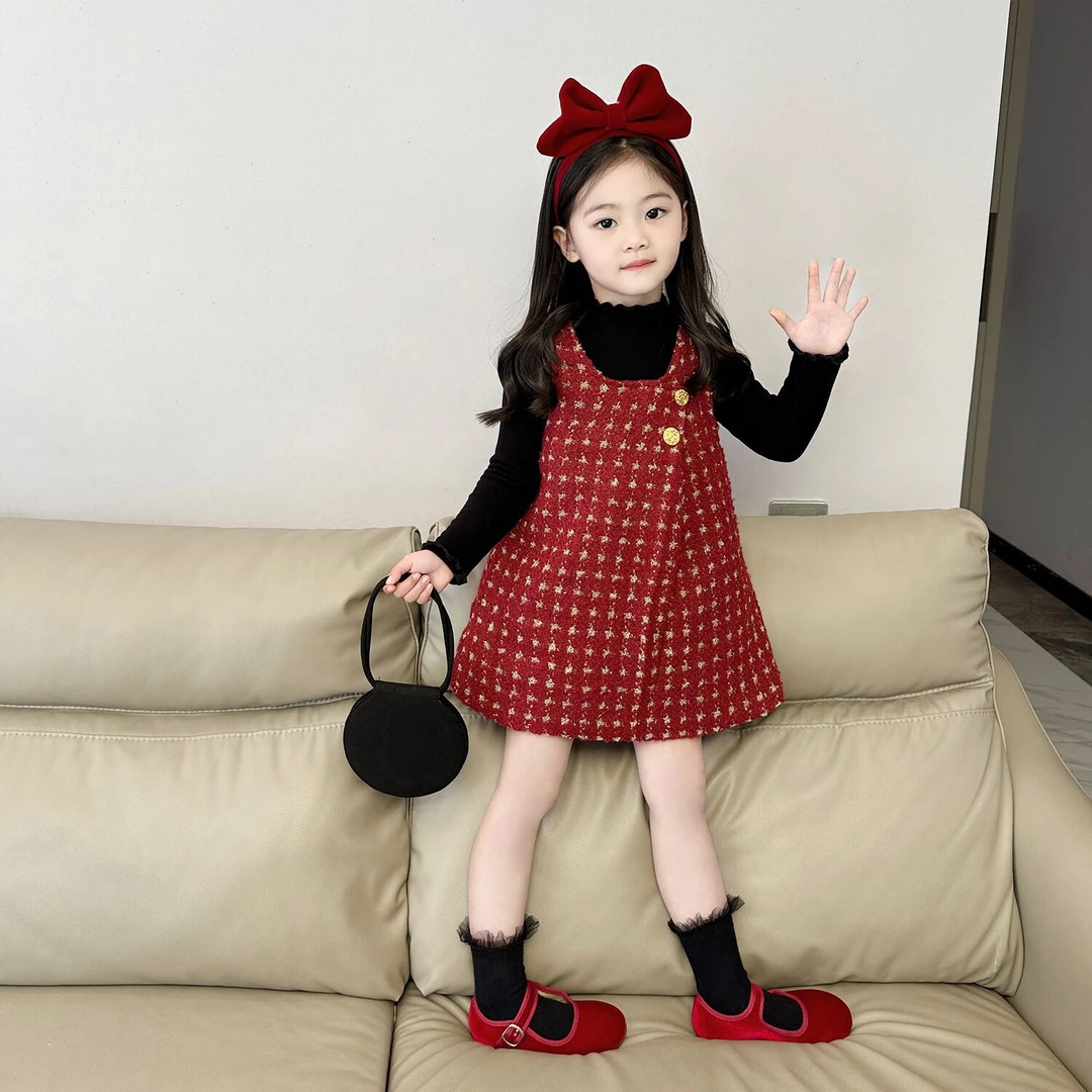 女童千鸟格毛呢夹棉背心裙2024秋冬新款韩版公主裙打底衫两件套
