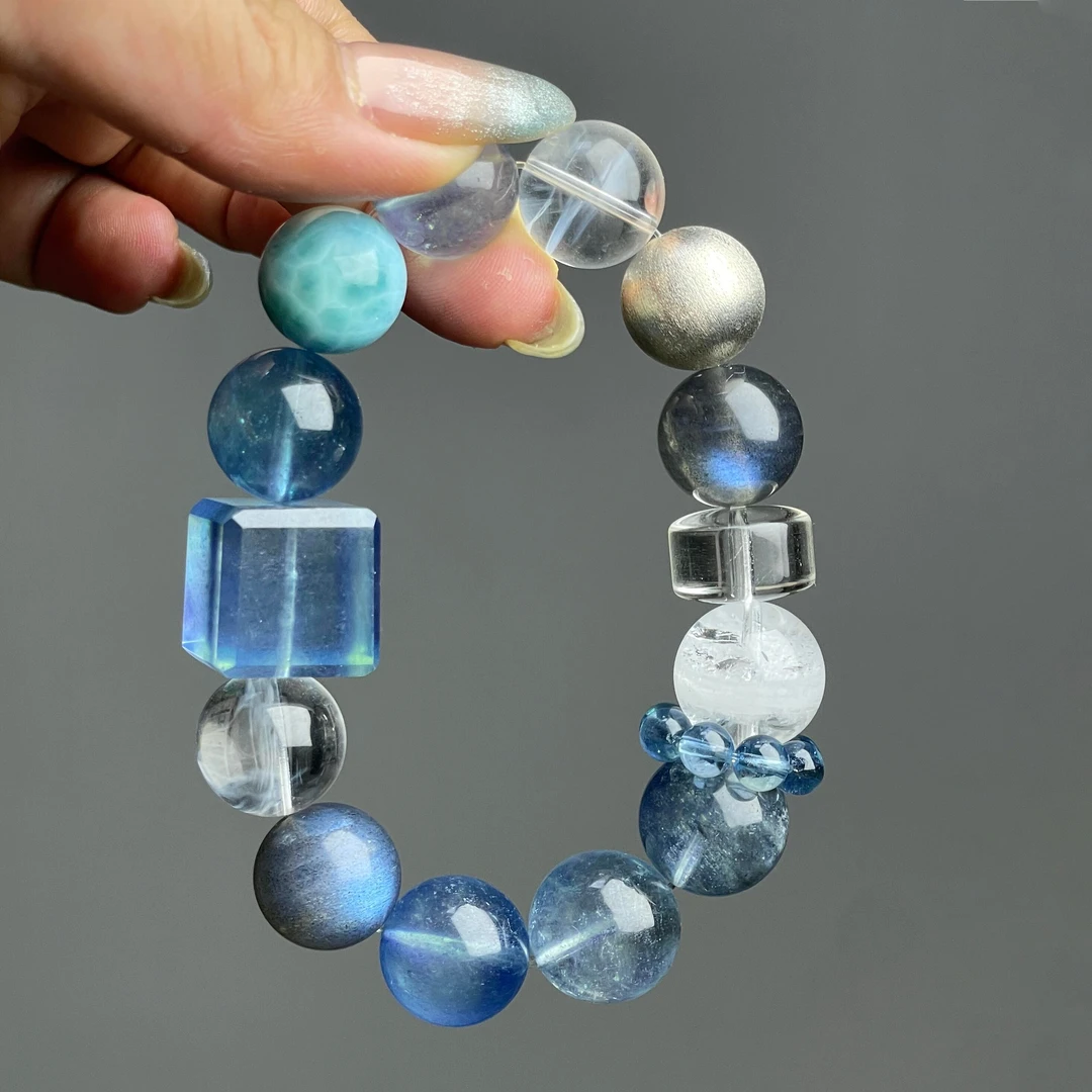 铜合金手链 【冰魄】深海黑爆闪魔鬼蓝手链海蓝色方糖清冷手串小众