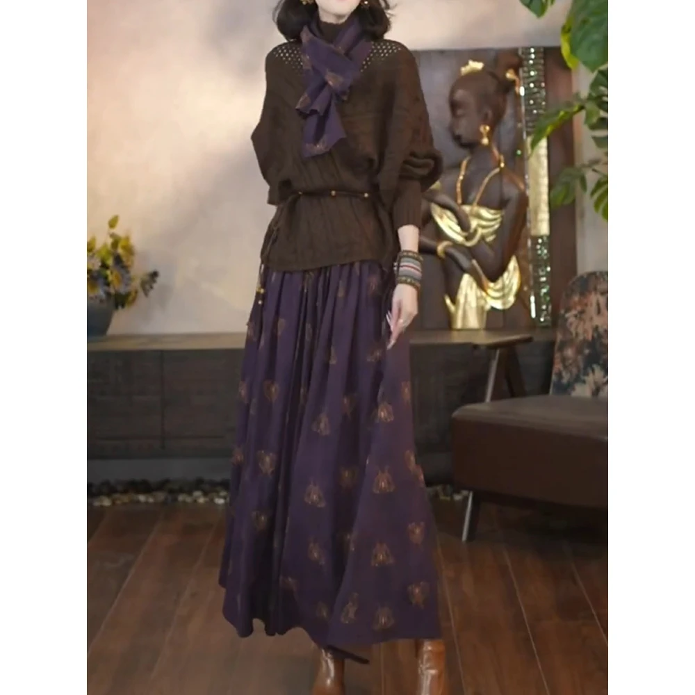 高级感轻熟减龄镂空针织印花裙套装2025秋新时尚通勤百搭宽松两件