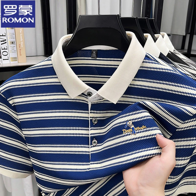 罗蒙正品短袖T恤男士夏季薄款商务休闲百搭时尚条纹翻领POLO衫男