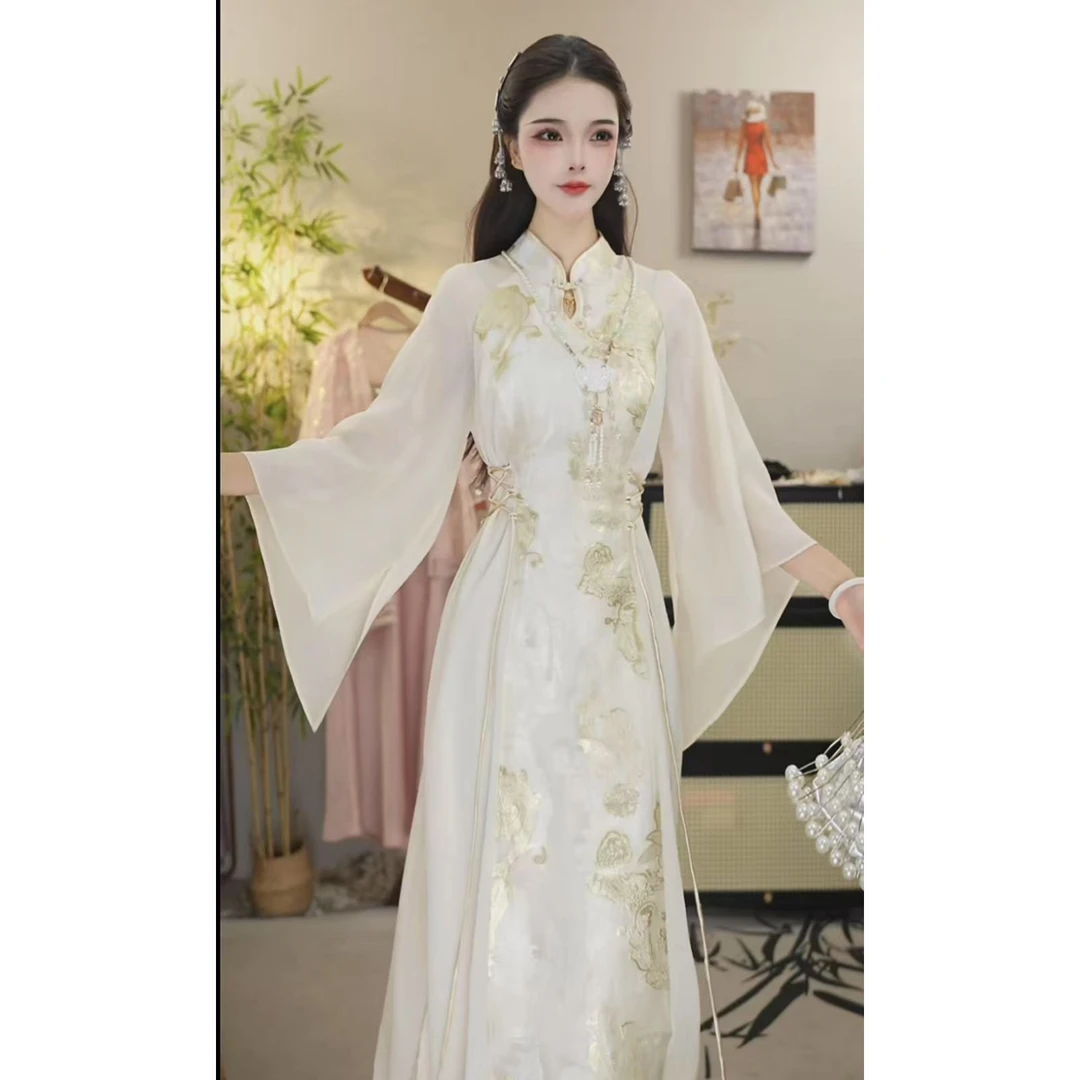 花享悦国风2025春季新款中国风飘逸日常杏色长款连衣裙（6622