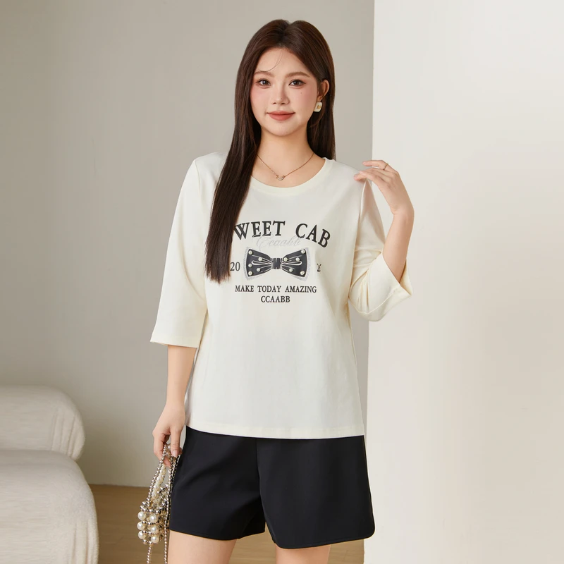 采多宝大码女装赫本花边圆领印花七分袖T恤ECZ2589