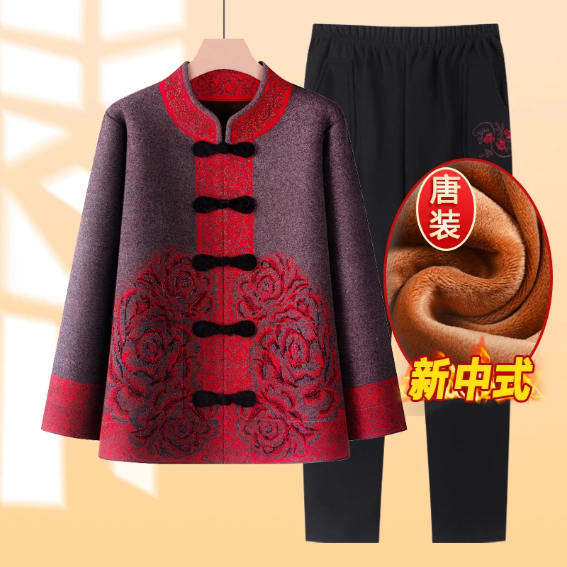 中老年女装棉衣套装妈妈秋冬款盘扣国风唐装奶奶加绒加厚外套裤子