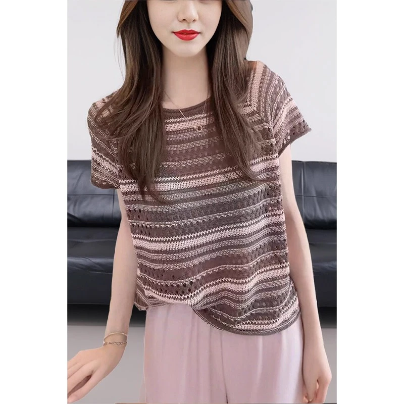 2025新款洋气设计感镂空撞色短袖针织衫LK2503107