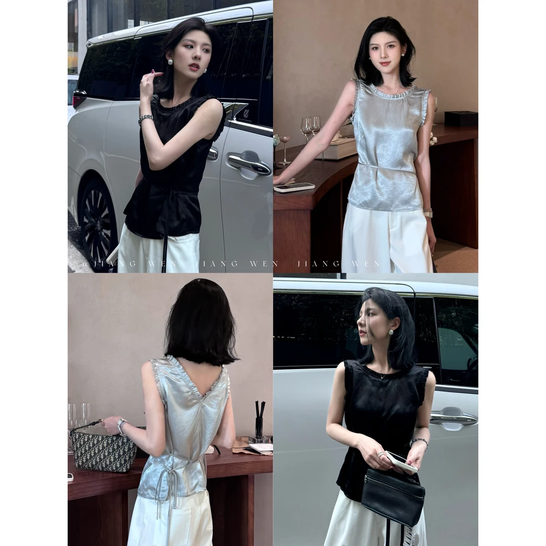 【醋酸法则】“99醋酸”法式无袖正反两穿拼接木耳边小衫交叉收腰背心