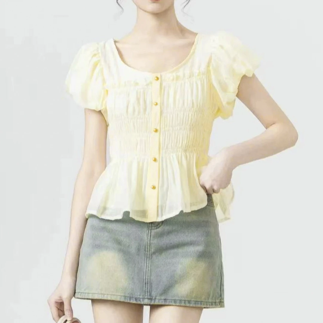 【月光】花间夏季新款法式设计感收腰衬衣娃娃衫短上衣荷叶边8059