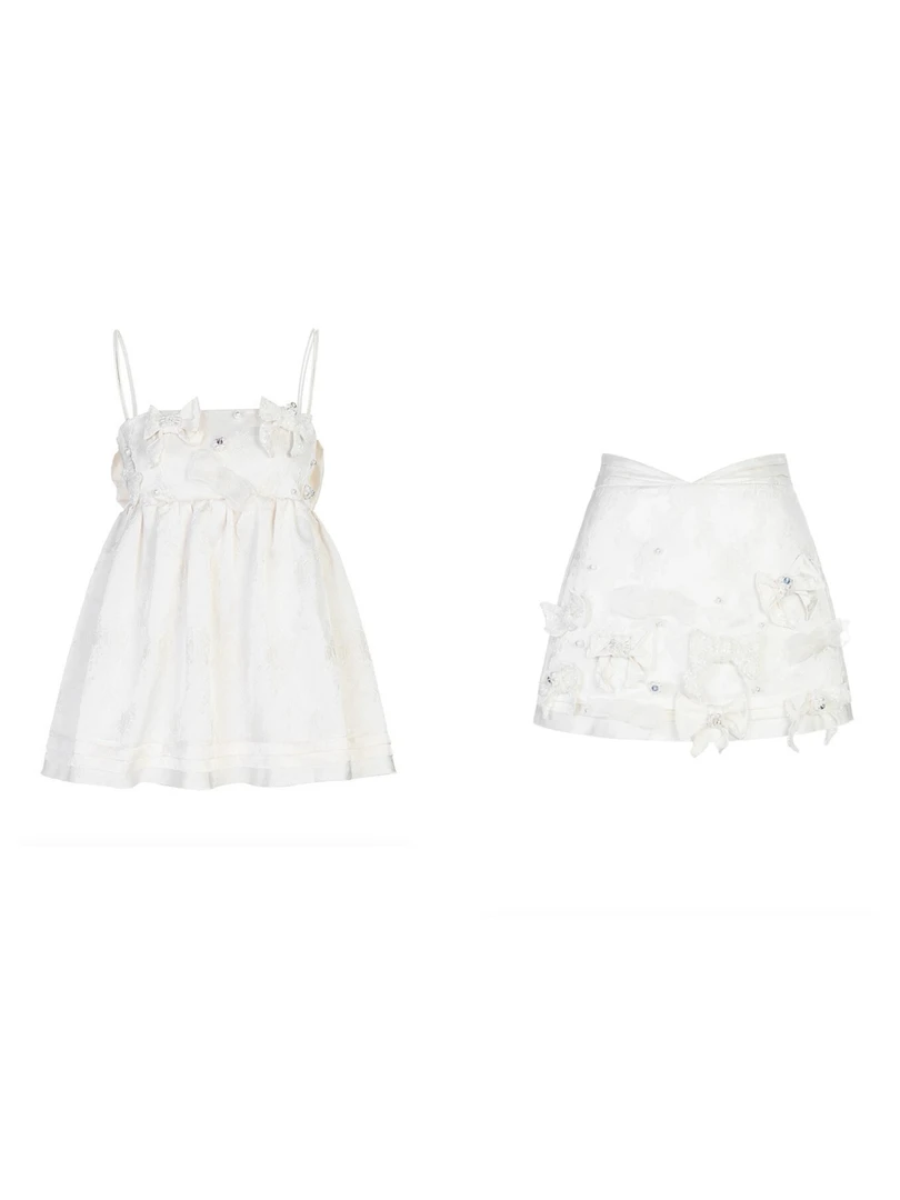 YOYO高定no退no换白色浮雕蝴蝶结重工钉珠米白色吊带半裙套装