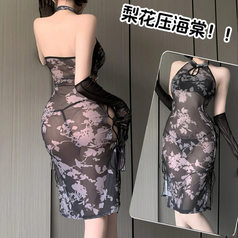 梨花压海棠新中式改良性感高开叉水墨风绑带旗袍女复古修身