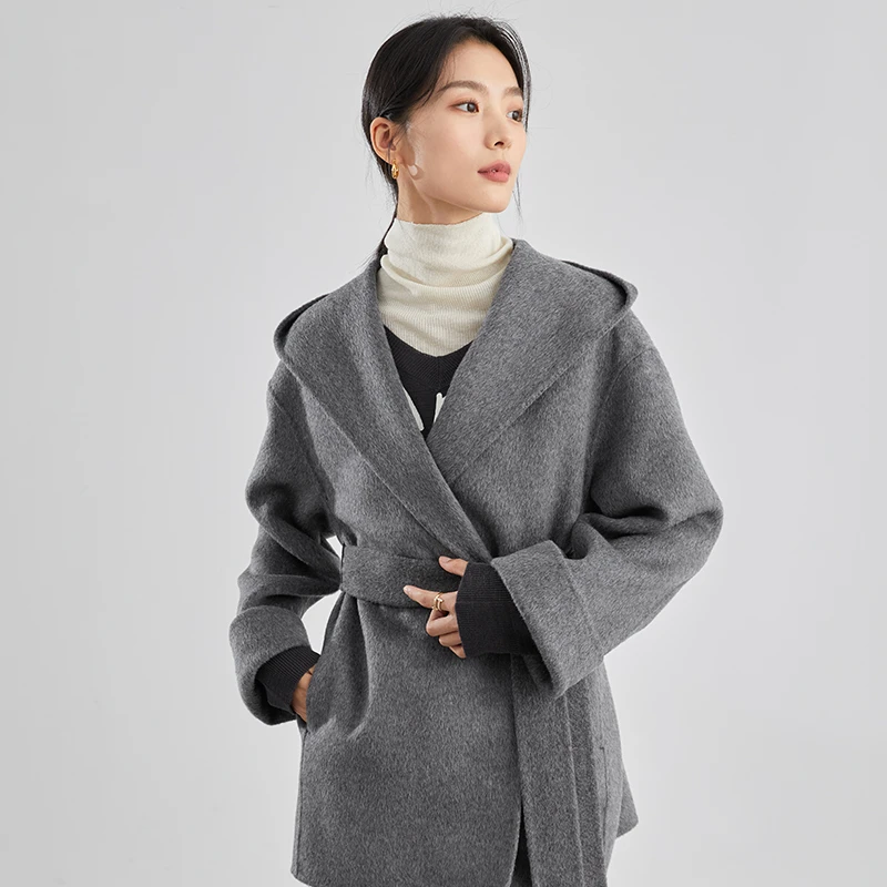 【曼贝】绵羊毛系带大翻领连帽纯色双面毛呢外套8484043【甜甜】