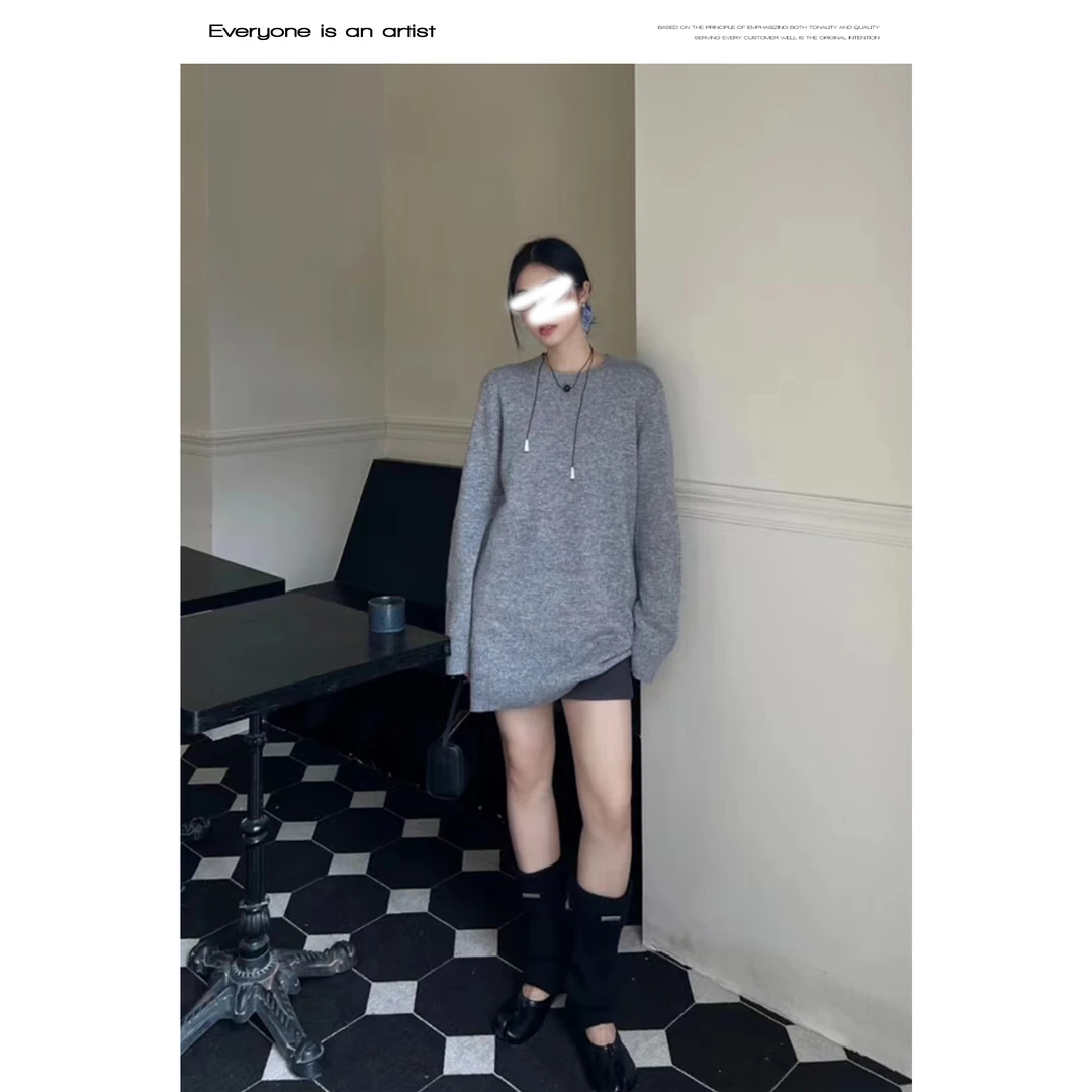 54499韩版宽松毛衣长款圆领简约休闲纯色毛衣