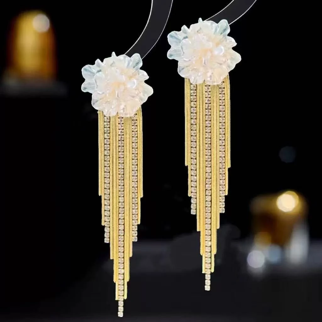 铜合金合成锆石耳饰 轻奢复古简约长款新娘仙女仙气甜美耳环015