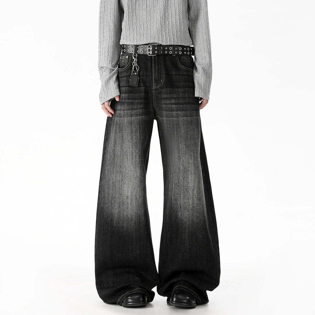 秋季美式cleanfit竹节纹牛仔裤弯刀宽松直筒复古男女同款阔腿裤子