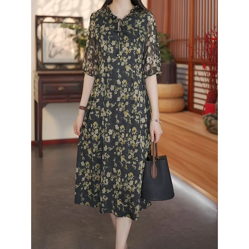 【那年今日】新款大气显瘦复古风气质真丝桑蚕丝连衣裙12523