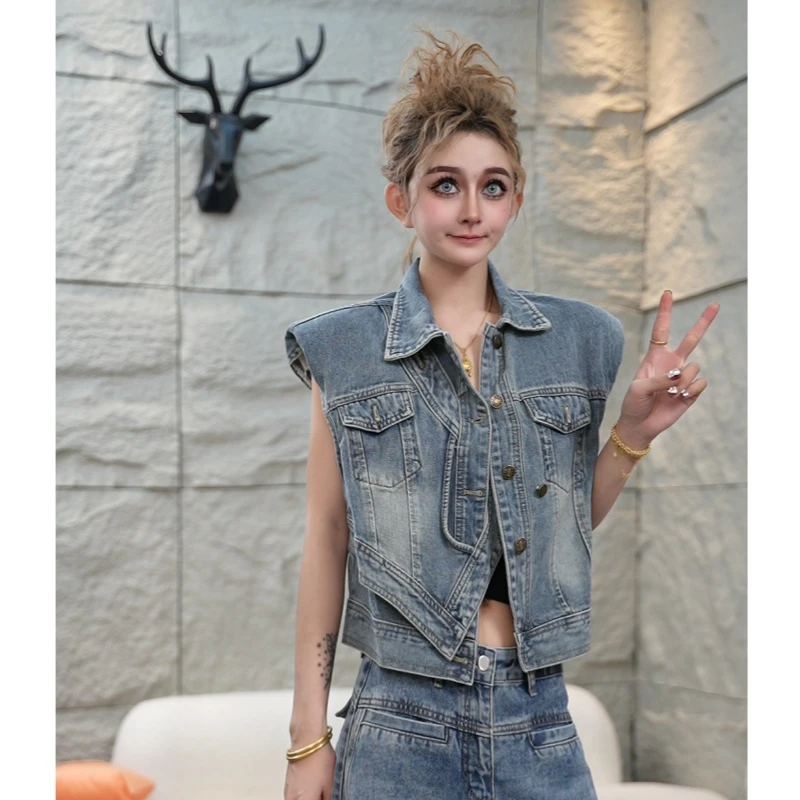 不规则无袖马甲外套复古水洗设计感坎肩牛仔马甲短款韩版显瘦397