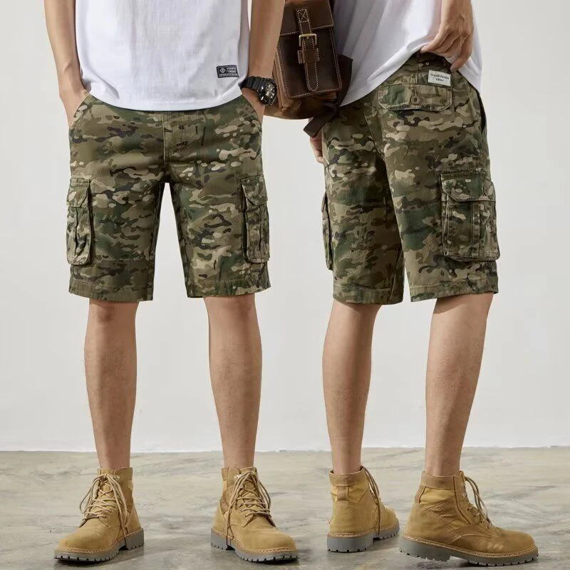 美式复古工装牛仔短裤男宽松直筒多口袋运动迷彩五分裤休闲中裤子