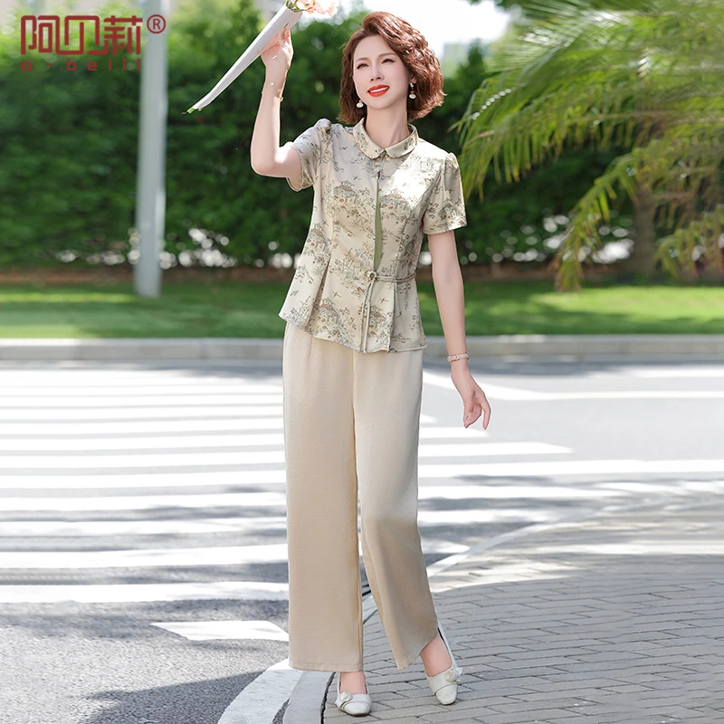 年轻妈妈夏装花色套装新款中年翻领新中式上衣中老年女洋气两件套