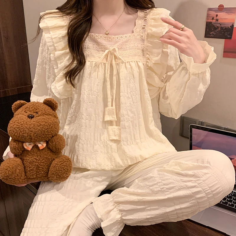 胸垫睡衣女春秋季薄款长袖云朵棉套装可爱外穿宽松爆款家居服杏色