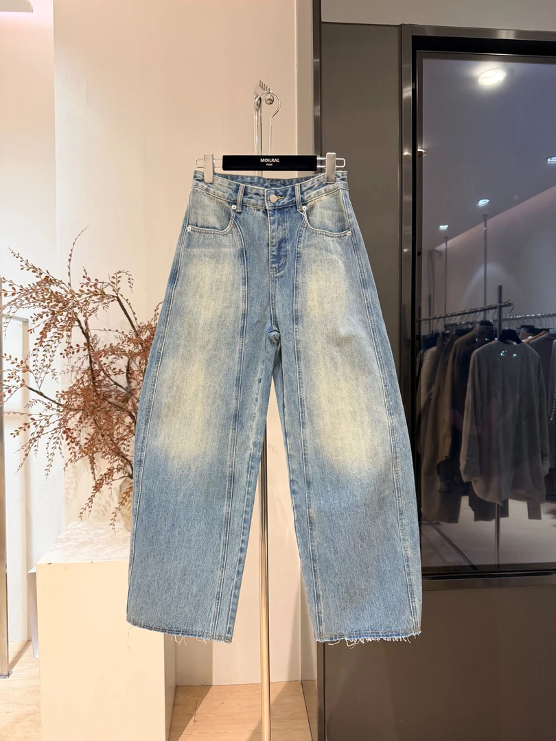 ZZ时尚百搭女士闪电纹水洗复古蓝色阔腿裤X1064